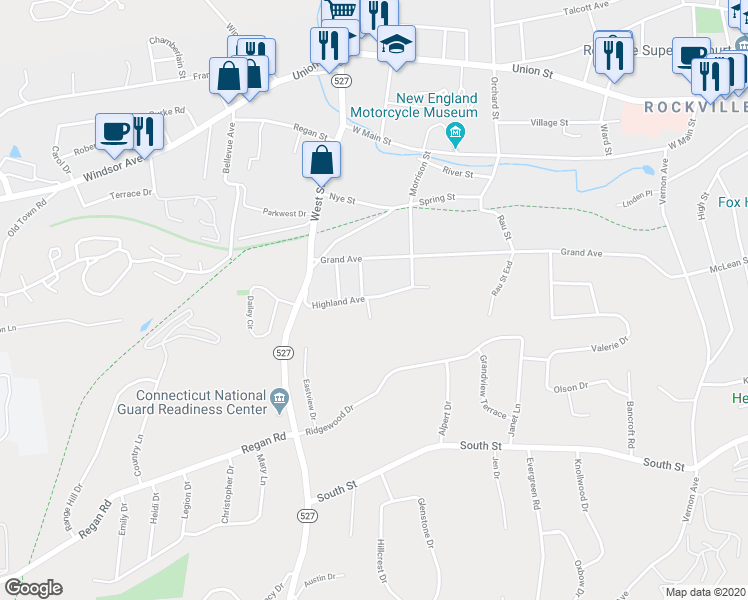 map of restaurants, bars, coffee shops, grocery stores, and more near 16 Highland Avenue in Vernon