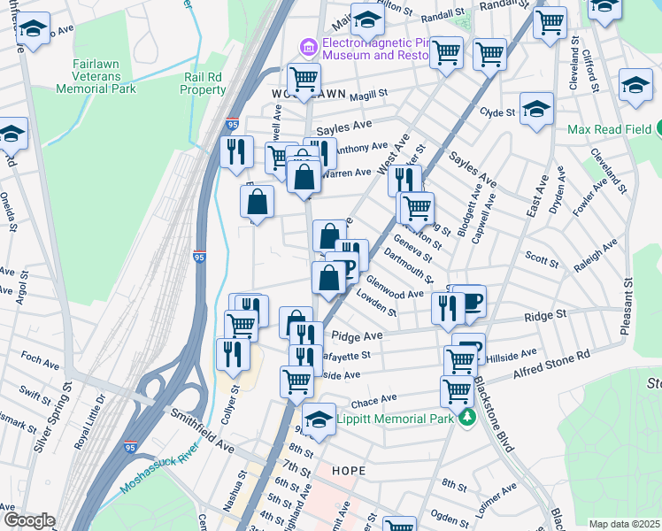 map of restaurants, bars, coffee shops, grocery stores, and more near 544 West Avenue in Pawtucket