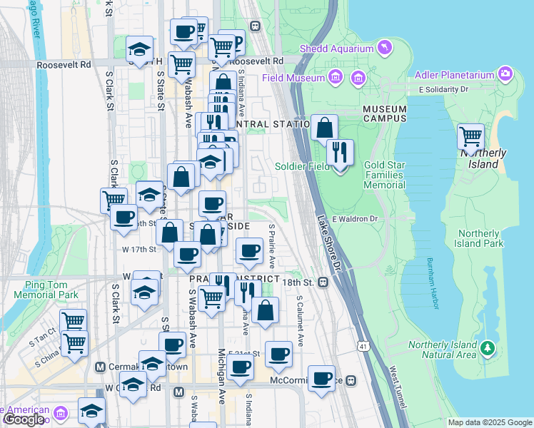 map of restaurants, bars, coffee shops, grocery stores, and more near 260 East 16th Street in Chicago