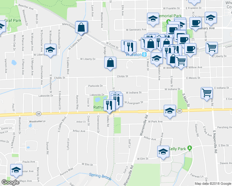 map of restaurants, bars, coffee shops, grocery stores, and more near 503 South Carlton Avenue in Wheaton