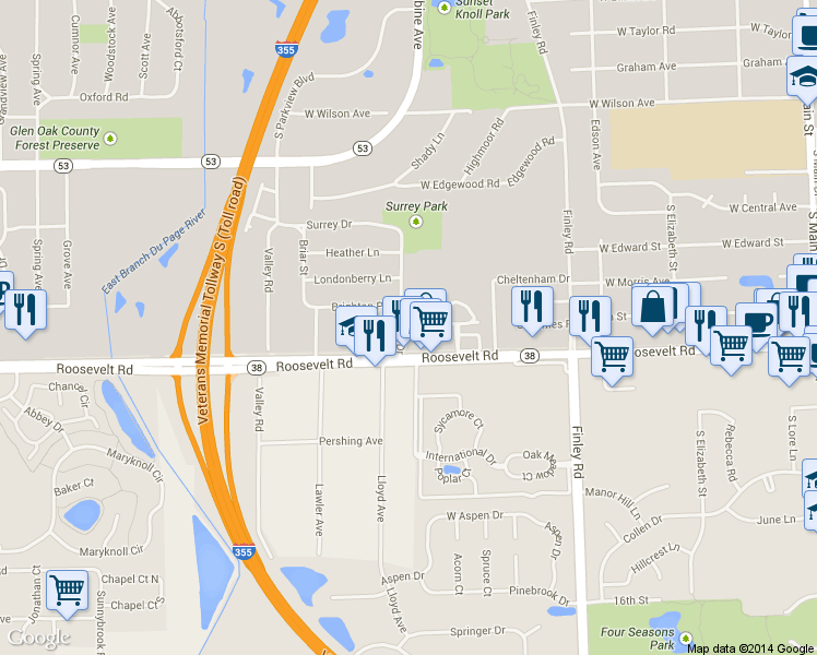 map of restaurants, bars, coffee shops, grocery stores, and more near 27 Surrey Drive in Glen Ellyn