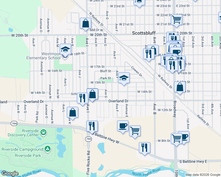 map of restaurants, bars, coffee shops, grocery stores, and more near 1405 Avenue G in Scottsbluff