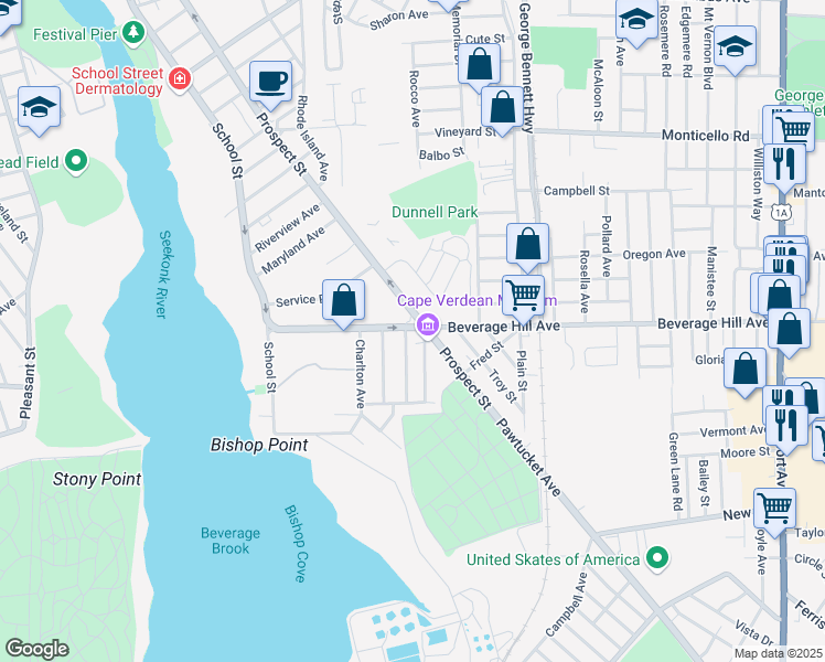 map of restaurants, bars, coffee shops, grocery stores, and more near 137 Beverage Hill Avenue in Pawtucket