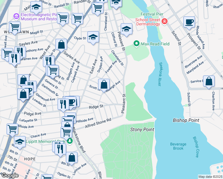 map of restaurants, bars, coffee shops, grocery stores, and more near 83 Blaisdell Avenue in Pawtucket