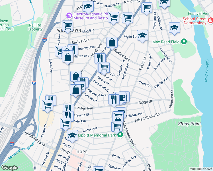 map of restaurants, bars, coffee shops, grocery stores, and more near 100 Dartmouth Street in Pawtucket