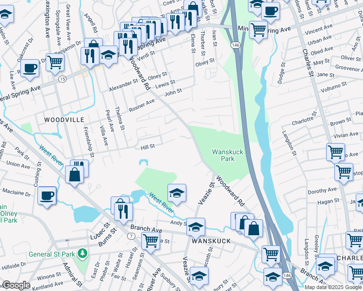 map of restaurants, bars, coffee shops, grocery stores, and more near 24 Yolande Drive in Providence