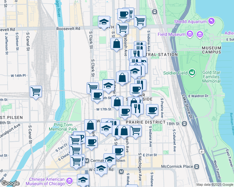 map of restaurants, bars, coffee shops, grocery stores, and more near 10 West 16th Street in Chicago