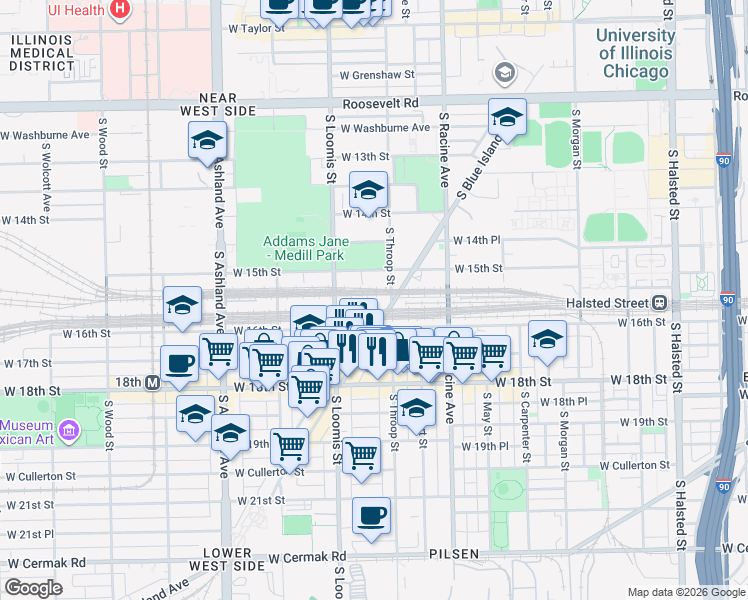 map of restaurants, bars, coffee shops, grocery stores, and more near 1550 South Blue Island Avenue in Chicago
