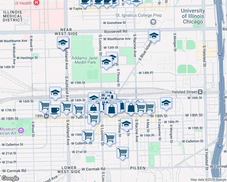 map of restaurants, bars, coffee shops, grocery stores, and more near 1550 South Blue Island Avenue in Chicago