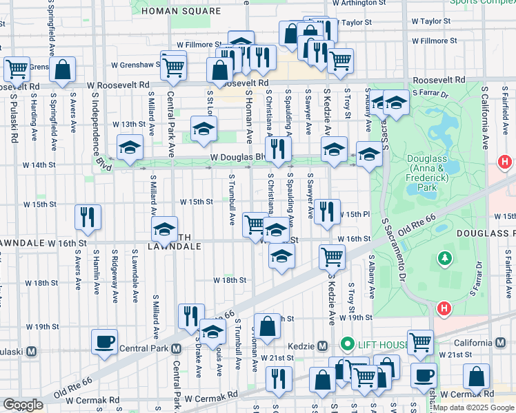map of restaurants, bars, coffee shops, grocery stores, and more near 1510 South Christiana Avenue in Chicago