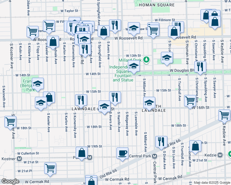 map of restaurants, bars, coffee shops, grocery stores, and more near 1507 South Hamlin Avenue in Chicago
