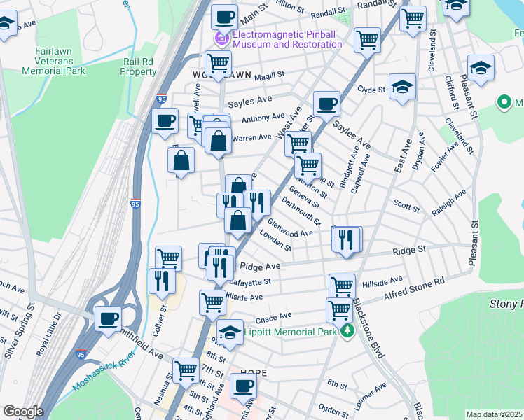 map of restaurants, bars, coffee shops, grocery stores, and more near 519 Pawtucket Avenue in Pawtucket