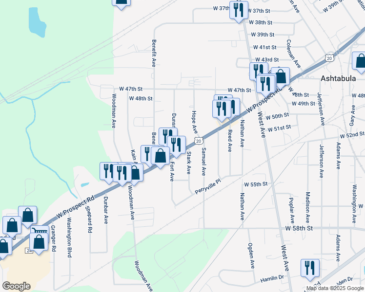 map of restaurants, bars, coffee shops, grocery stores, and more near 1513 West Prospect Road in Ashtabula
