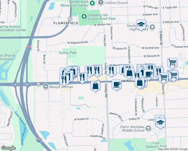 map of restaurants, bars, coffee shops, grocery stores, and more near 12 Saint James Place in Glen Ellyn