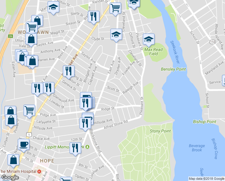 map of restaurants, bars, coffee shops, grocery stores, and more near 42 Scott Street in Pawtucket