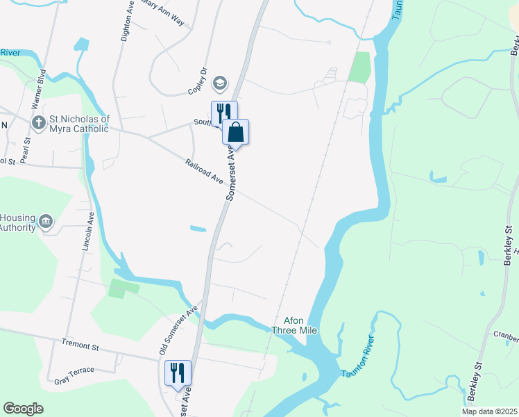 map of restaurants, bars, coffee shops, grocery stores, and more near 18R Railroad Avenue in Taunton