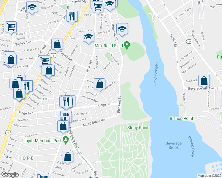 map of restaurants, bars, coffee shops, grocery stores, and more near 83 Blaisdell Avenue in Pawtucket