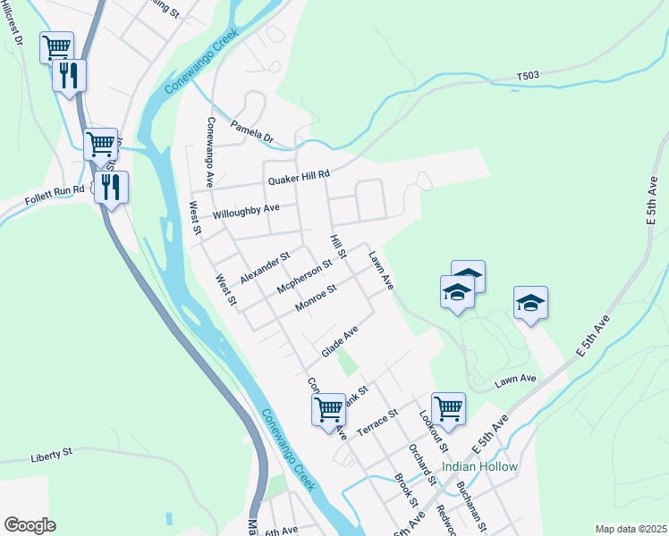 map of restaurants, bars, coffee shops, grocery stores, and more near 306 Mcpherson St in Warren