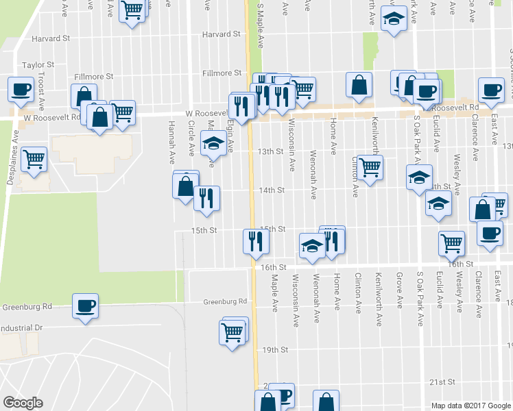 map of restaurants, bars, coffee shops, grocery stores, and more near 1419 Illinois 43 in Berwyn