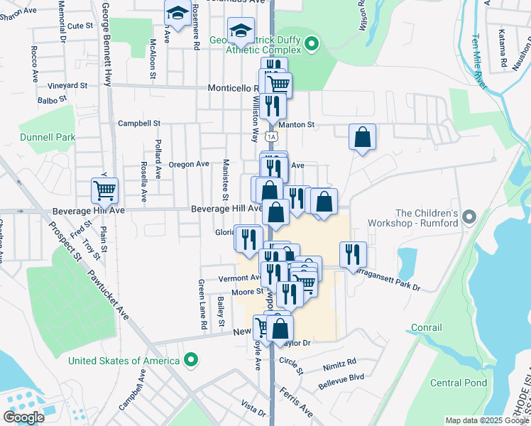 map of restaurants, bars, coffee shops, grocery stores, and more near 54 Newport Avenue in Pawtucket