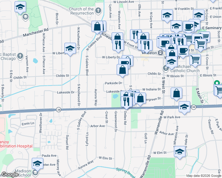 map of restaurants, bars, coffee shops, grocery stores, and more near 821 Lakeside Drive in Wheaton