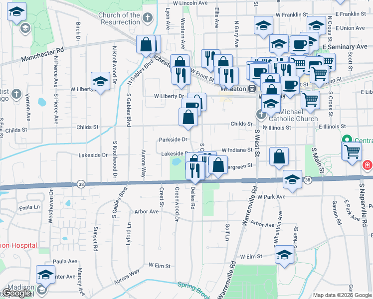 map of restaurants, bars, coffee shops, grocery stores, and more near 709 Lakeside Drive in Wheaton