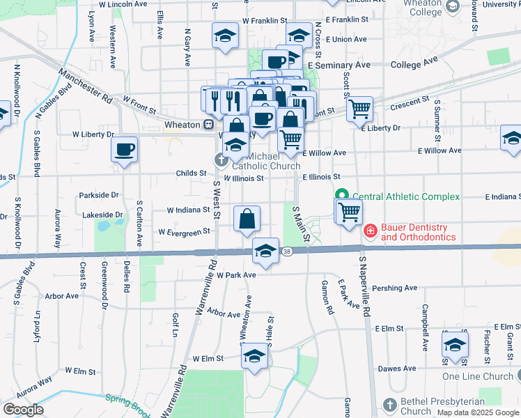 map of restaurants, bars, coffee shops, grocery stores, and more near 512 South Hale Street in Wheaton