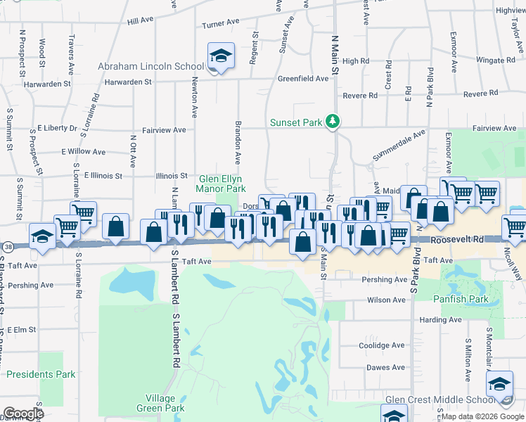 map of restaurants, bars, coffee shops, grocery stores, and more near 431 Dorset Place in Glen Ellyn