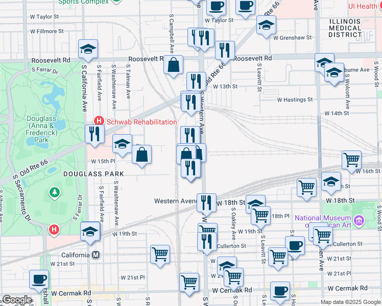 map of restaurants, bars, coffee shops, grocery stores, and more near 11B West 15th Street in Chicago