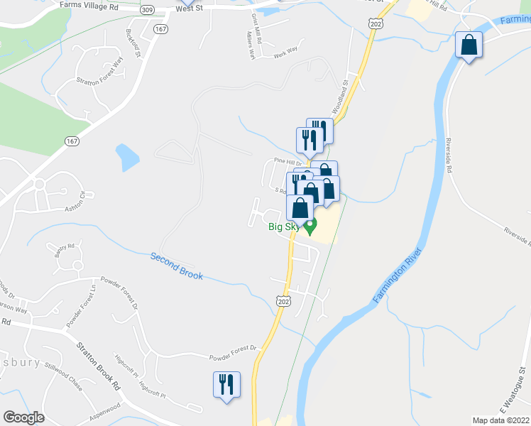 map of restaurants, bars, coffee shops, grocery stores, and more near 12 Wiggins Farm Drive in Simsbury