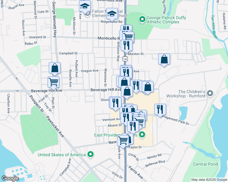 map of restaurants, bars, coffee shops, grocery stores, and more near 11 Jones Avenue in Pawtucket
