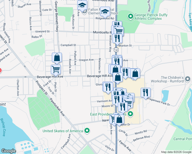 map of restaurants, bars, coffee shops, grocery stores, and more near 5 Gloria Street in Pawtucket