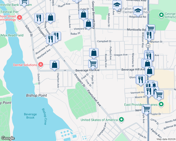 map of restaurants, bars, coffee shops, grocery stores, and more near 16 Day Street in Pawtucket