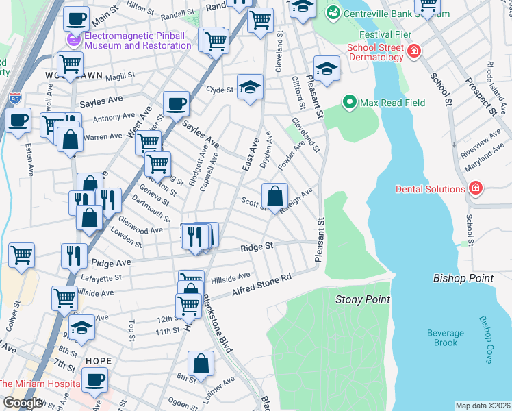 map of restaurants, bars, coffee shops, grocery stores, and more near 42 Scott Street in Pawtucket