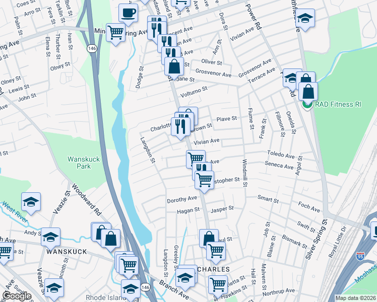 map of restaurants, bars, coffee shops, grocery stores, and more near 868 Charles Street in North Providence