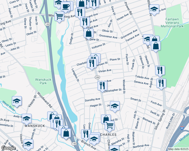 map of restaurants, bars, coffee shops, grocery stores, and more near 868 Charles Street in North Providence