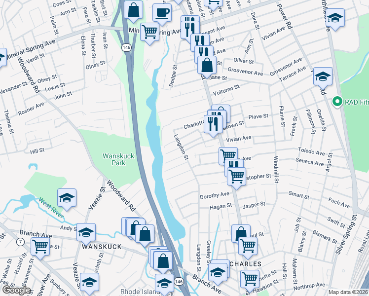 map of restaurants, bars, coffee shops, grocery stores, and more near 305 Langdon Street in Providence