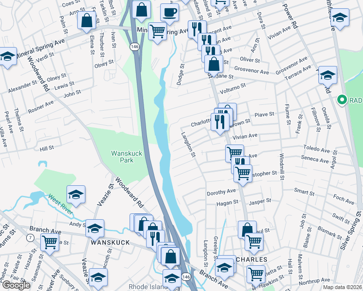 map of restaurants, bars, coffee shops, grocery stores, and more near 60 Hurdis Street in Providence