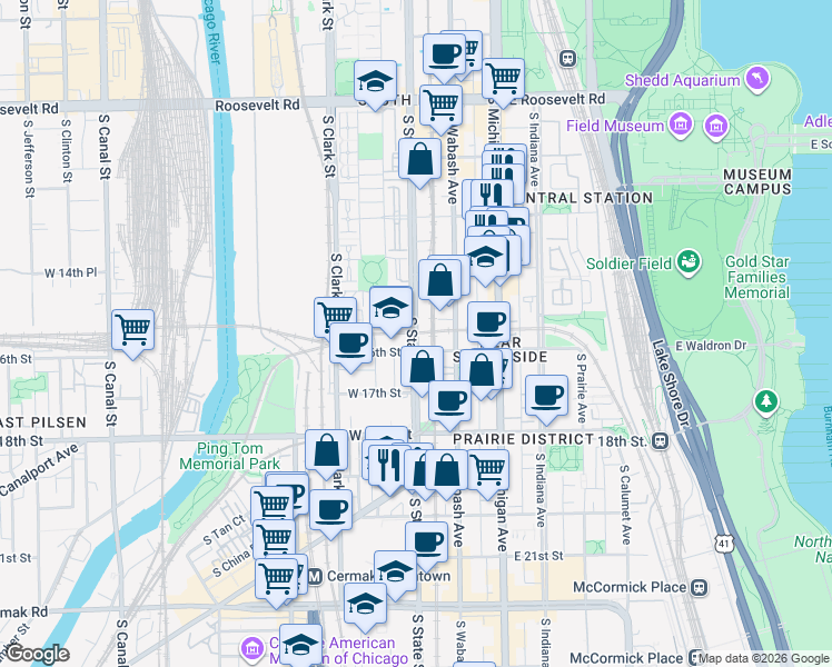 map of restaurants, bars, coffee shops, grocery stores, and more near 10 West 16th Street in Chicago