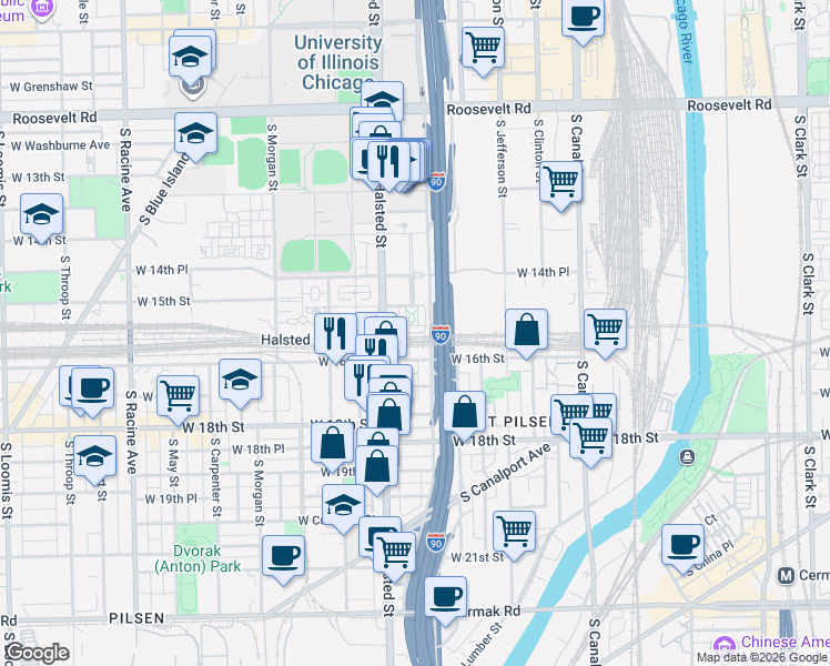 map of restaurants, bars, coffee shops, grocery stores, and more near 723 West 15th Street in Chicago