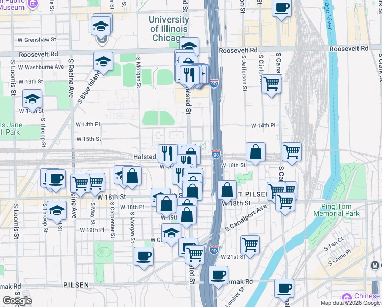 map of restaurants, bars, coffee shops, grocery stores, and more near 1535 South Halsted Street in Chicago