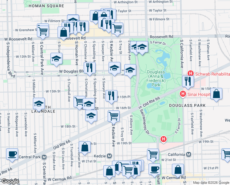 map of restaurants, bars, coffee shops, grocery stores, and more near 1529 South Kedzie Avenue in Chicago