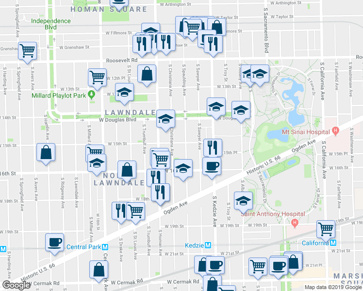 map of restaurants, bars, coffee shops, grocery stores, and more near 1514 South Spaulding Avenue in Chicago