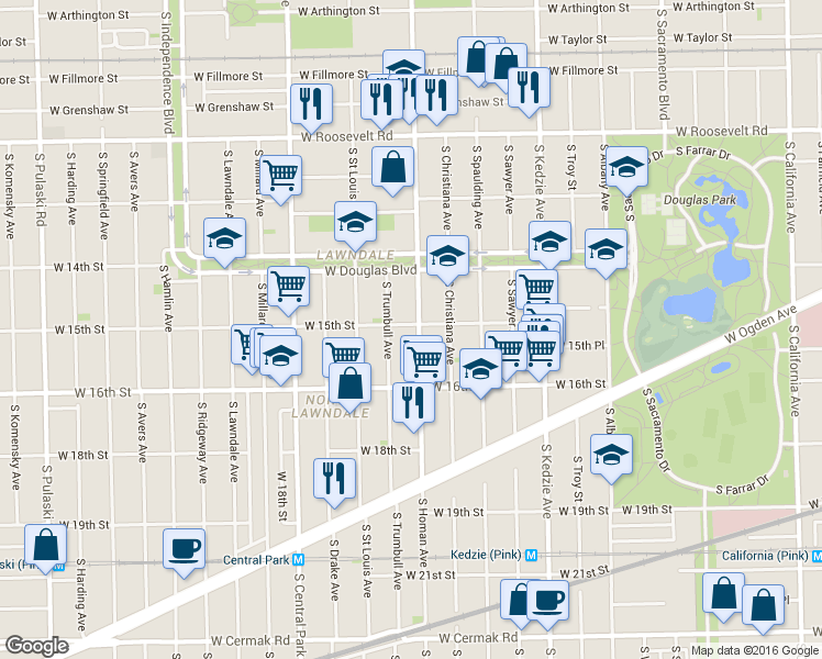 map of restaurants, bars, coffee shops, grocery stores, and more near 1511 South Trumbull Avenue in Chicago