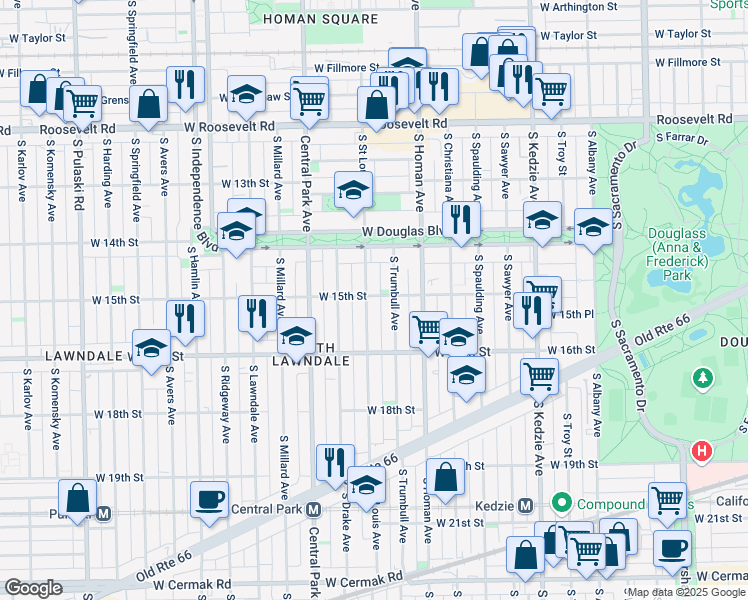 map of restaurants, bars, coffee shops, grocery stores, and more near 1509 South Saint Louis Avenue in Chicago