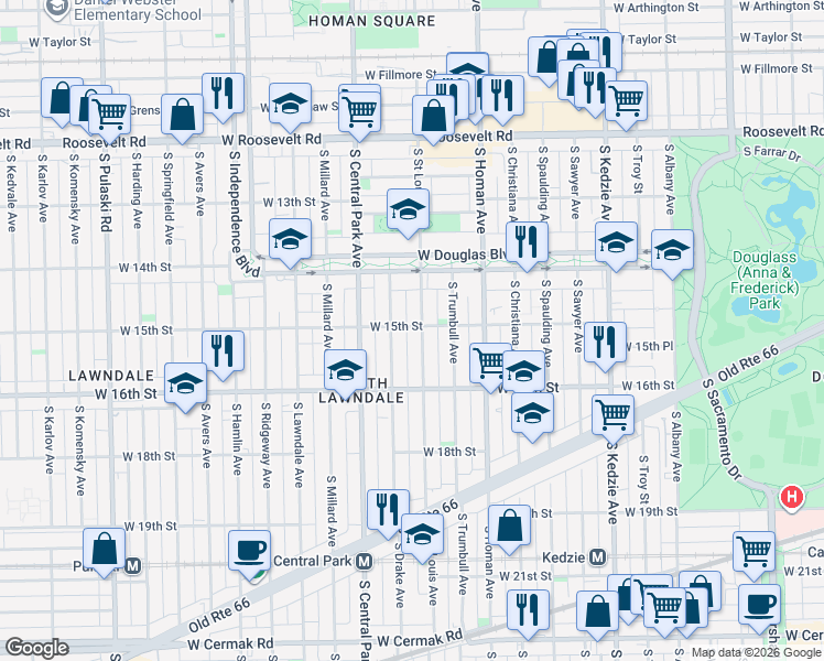 map of restaurants, bars, coffee shops, grocery stores, and more near 1509 South Saint Louis Avenue in Chicago