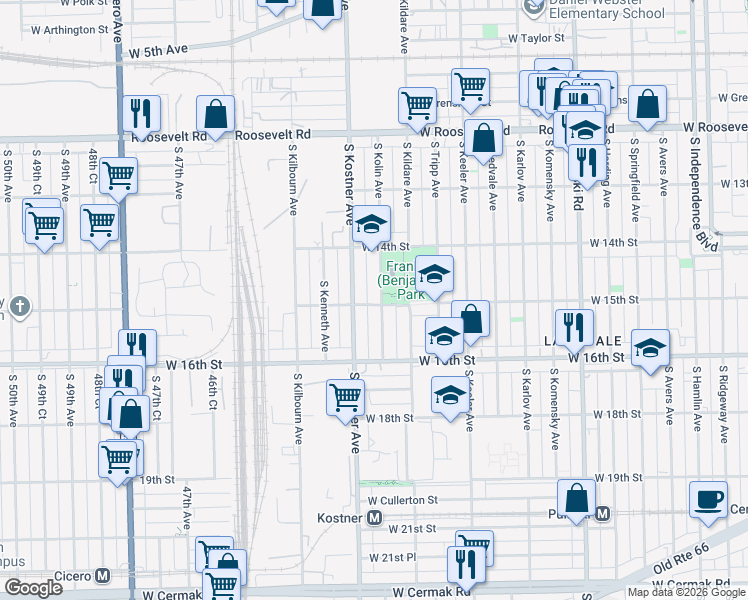 map of restaurants, bars, coffee shops, grocery stores, and more near 4325 West 15th Street in Chicago
