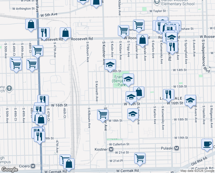 map of restaurants, bars, coffee shops, grocery stores, and more near 1500 South Kostner Avenue in Chicago