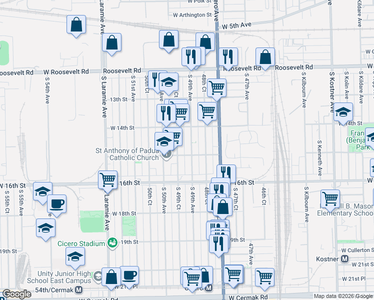 map of restaurants, bars, coffee shops, grocery stores, and more near 1445 South 49th Avenue in Cicero