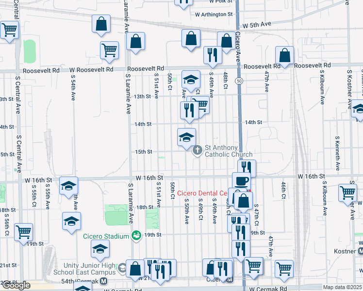 map of restaurants, bars, coffee shops, grocery stores, and more near 1446 South 50th Avenue in Cicero